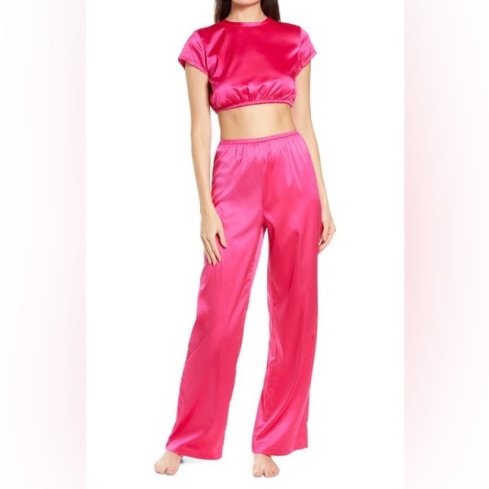 SKIMS Pink Satin Crop Top & Wide-Leg Pajama Set